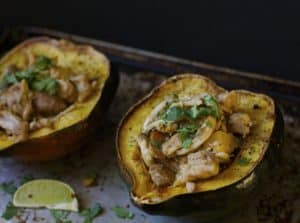 chicken carnitas stuffed inside acorn squash