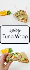 This spicy tuna wrap recipe combines tuna fish sandwiches with spicy tuna sushi rolls. A great healthy lunch idea that can be taken on the go. 