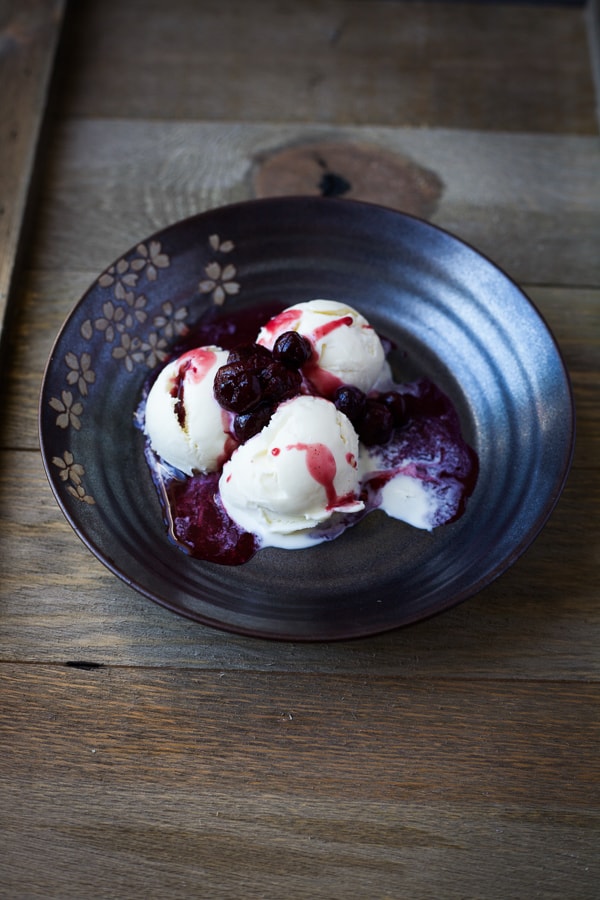 Swedish Blueberry Soup served on top of vanilla ice cream