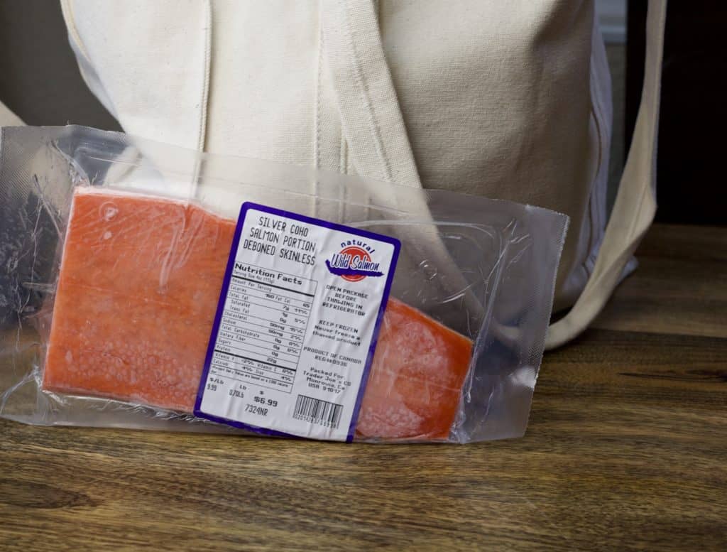 package of frozen salmon from trader joes