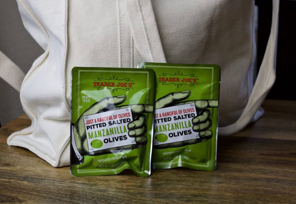 package of green manzanilla olives from trader joes