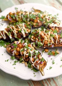 stuffed eggplant with lemon tahini dressing