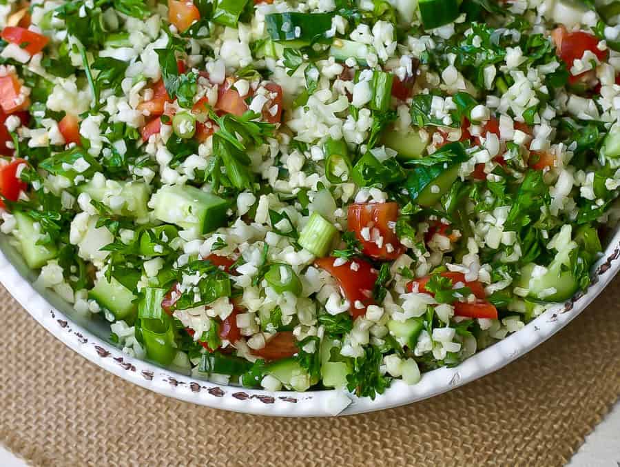 bowl of cauliflower rice tabbouleh