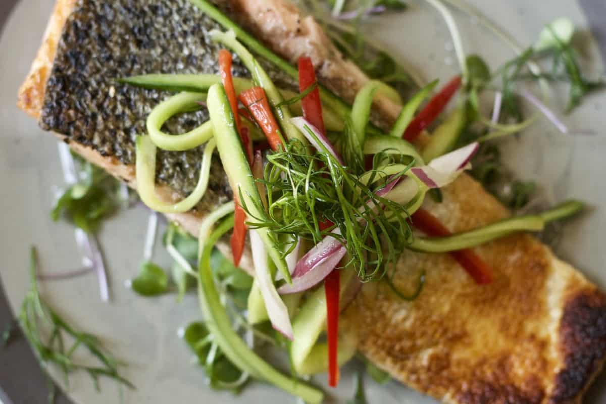 crispy salmon with pickled cucumber salad