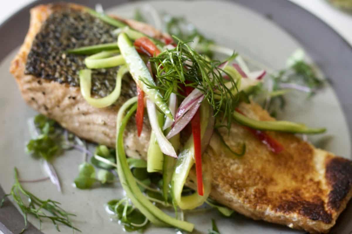 crispy salmon with pickled cucumber vinaigrette1