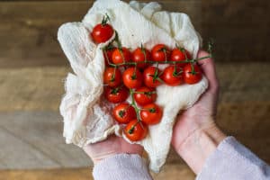 holding vine ripened tomatoes in hand