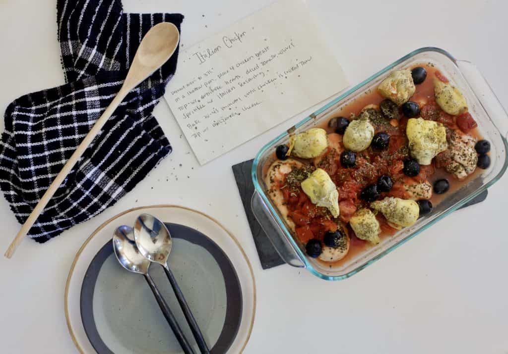 italian chicken bake with plate and recipe card