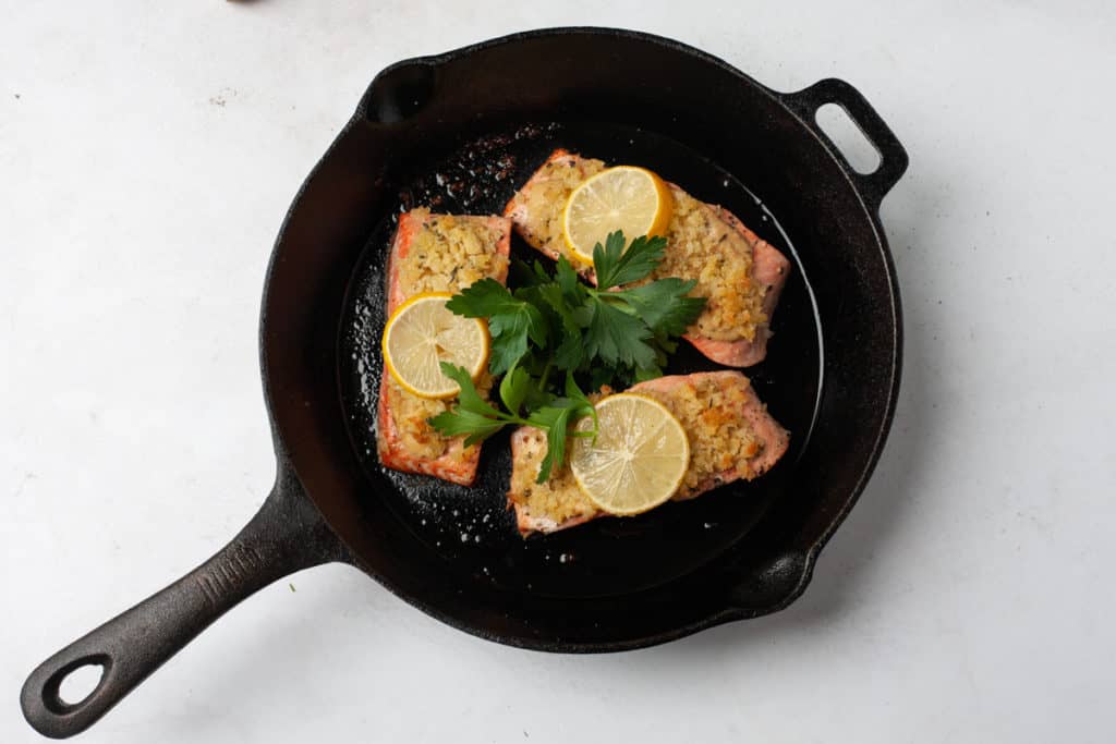 cast iron salmon in skillet