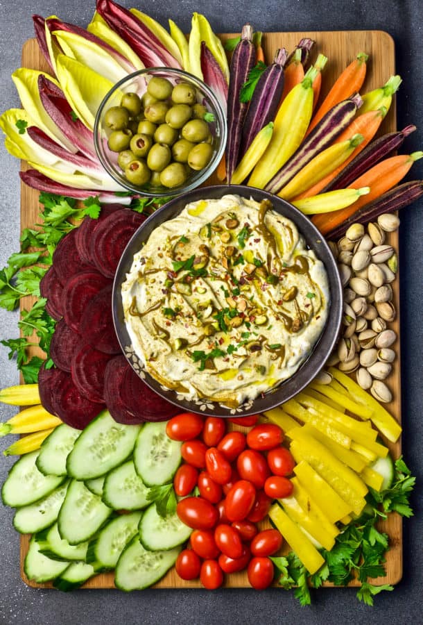 pistachio yogurt dip with fresh vegetable platter