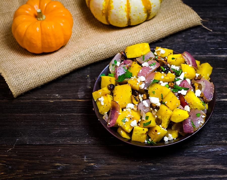 roasted pumpkin with feta and pistachios