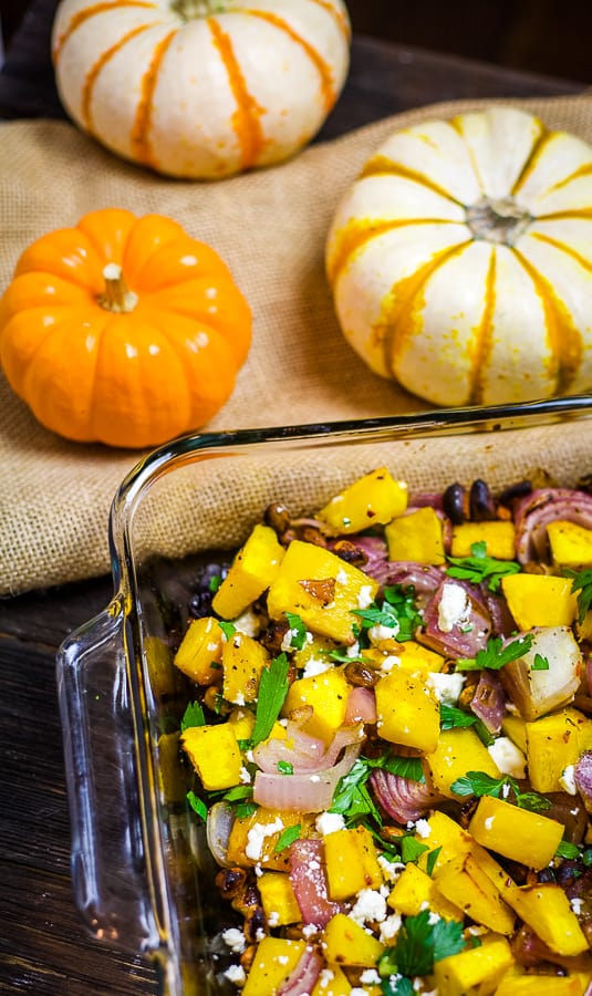 roasted pumpkin with feta and pistachios recipe is the perfect vegetarian side dish recipe for fall and holidays