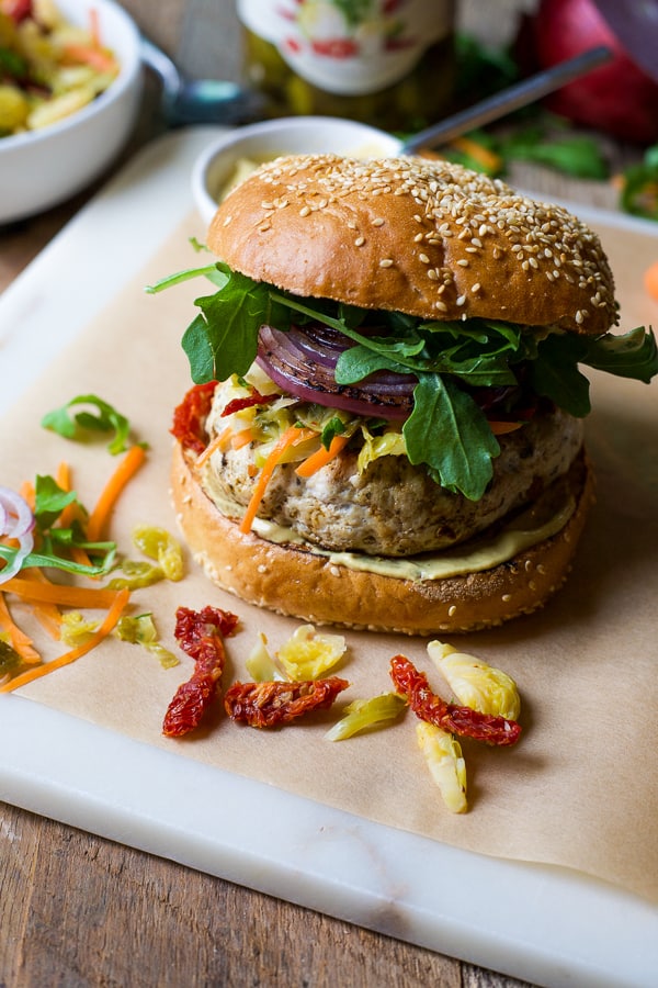 ultimate turkey burger with spicy brussels sprouts coleslaw 4