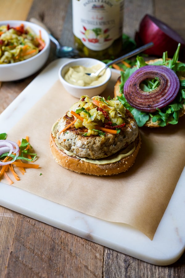 ultimate turkey burger with spicy brussels sprouts coleslaw 1