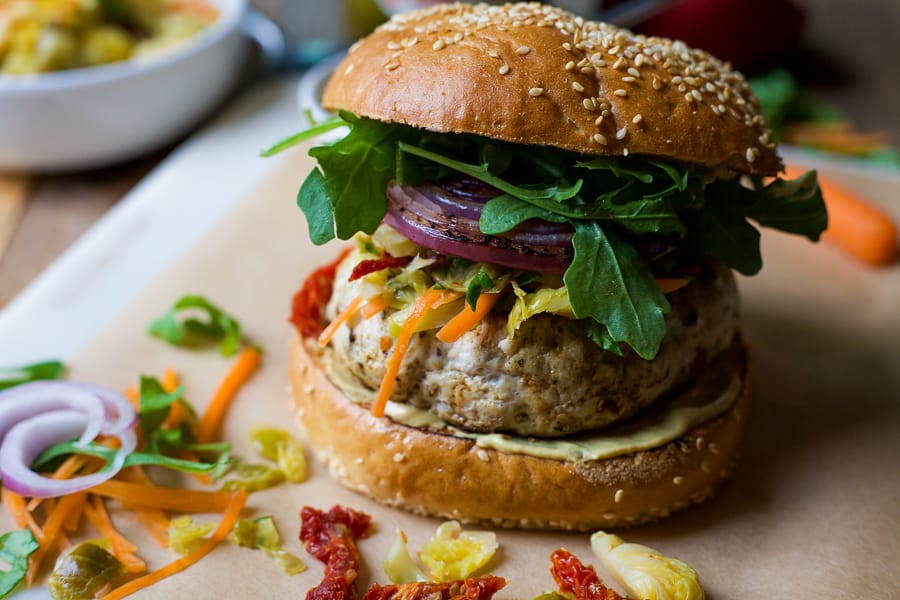 ultimate turkey burger with spicy brussels sprouts coleslaw