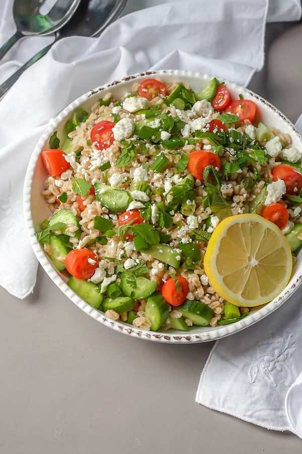 greek farro salad with lemon and fresh herbs