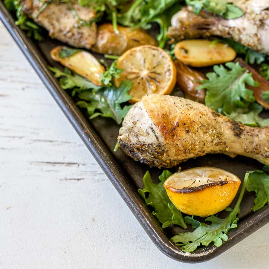 sheet pan chicken za'atar with potatoes and kale