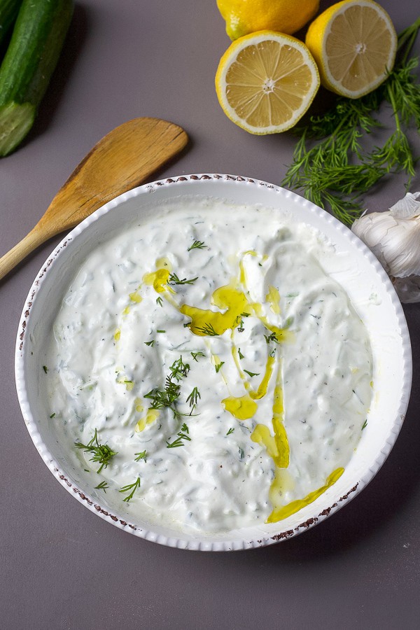 homemade tzatziki sauce - mediterranean diet staple using fresh, real ingredients