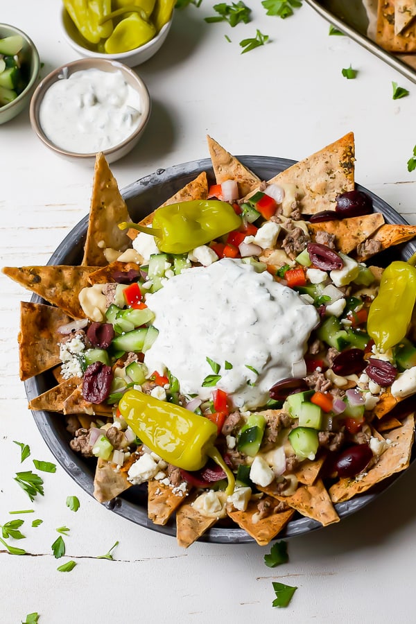 mediterranean nachos with California lavash - greek twist on classic nachos. Perfect mediterranean diet inspired dish