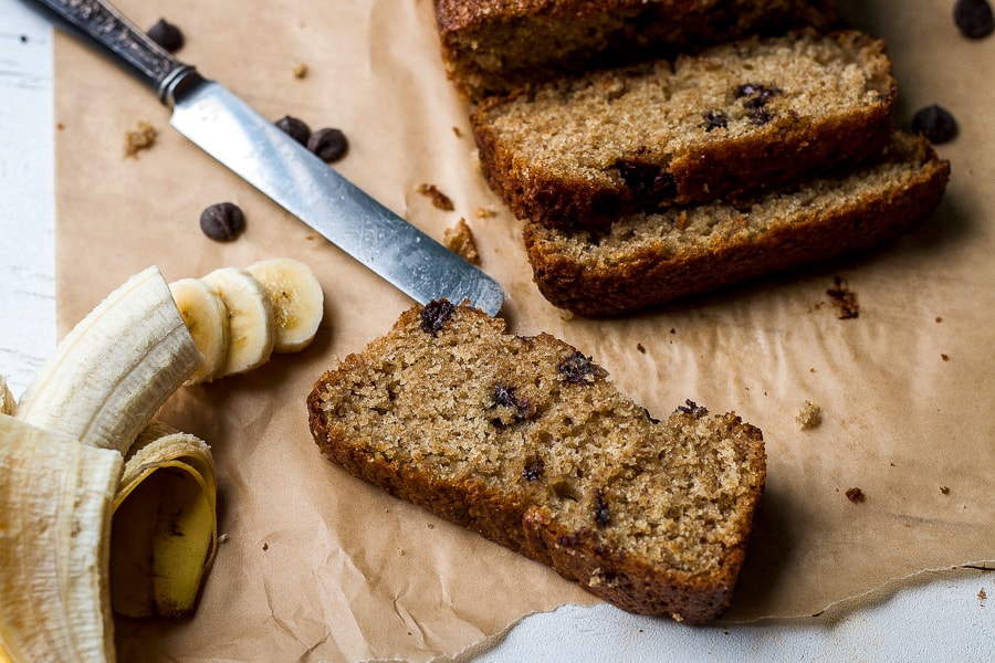 slicing banana bread with chocolate chips