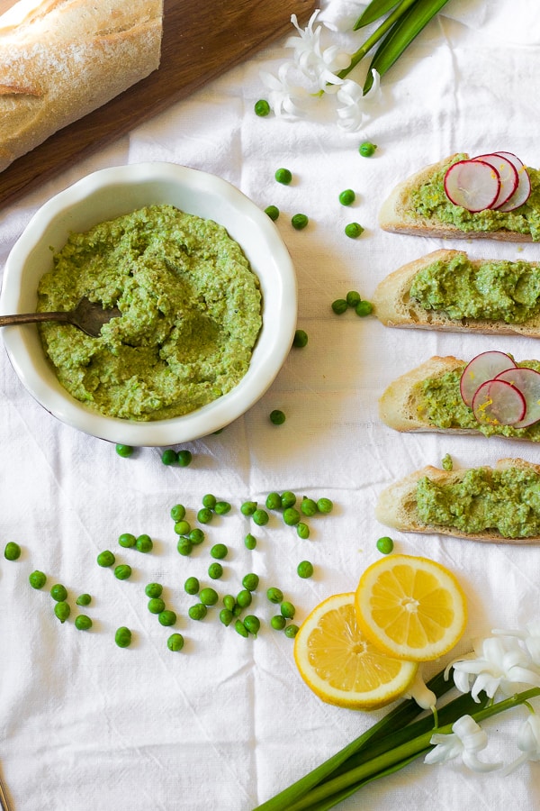 spring pea and walnut pesto made with frozen peas, walnuts, garlic and parmesan