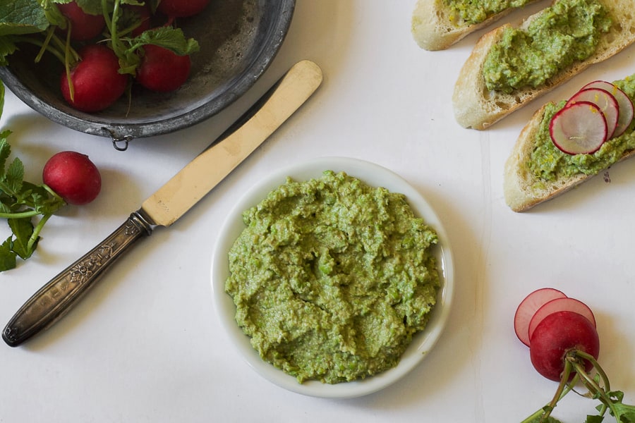 pea and walnut pesto served with radishes and toasted bread