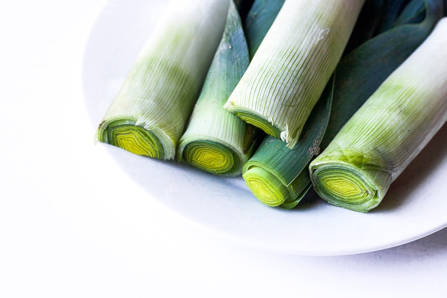 close up of leeks on plate