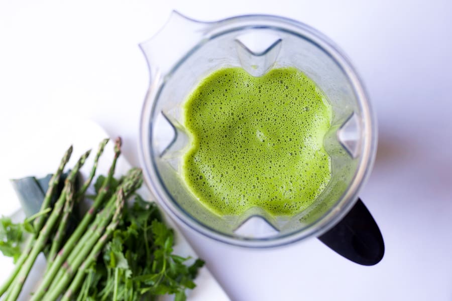 spring leek and asparagus soup in vitamix blender