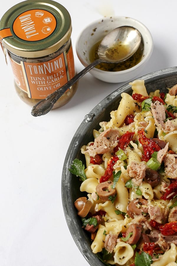 mediterranean tuna pasta salad recipe featuring jarred tuna and mediterranean diet flavors