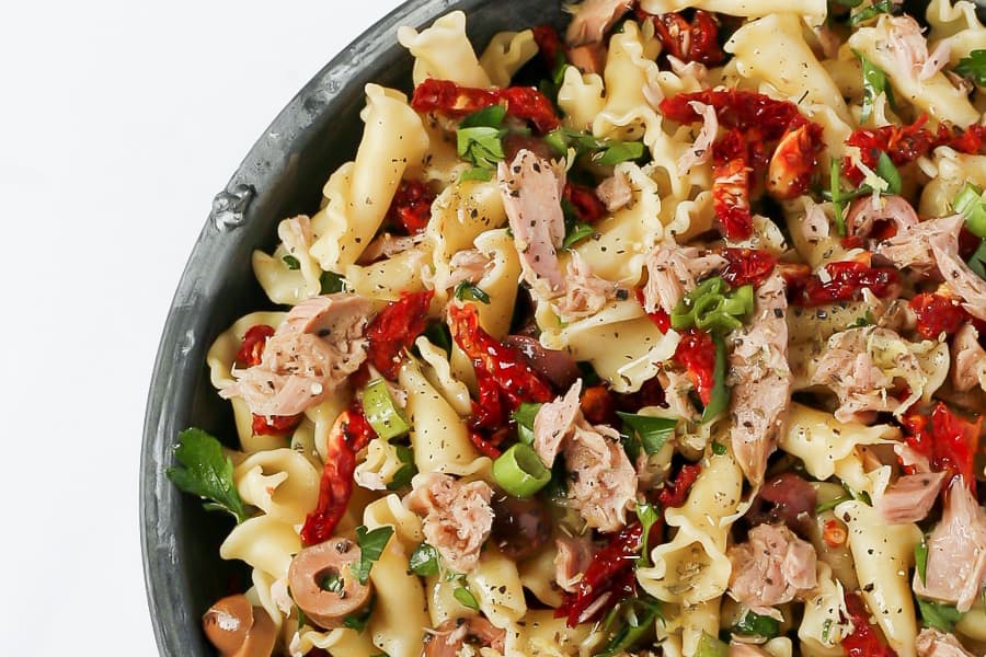 close up of mediterranean tuna pasta salad