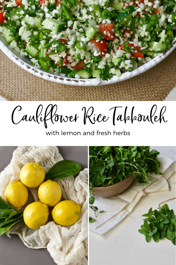 Cauliflower Rice Tabbouleh made with cauliflower rice lemon and fresh herbs is a light and delicious mediterranean diet inspired vegetarian salad #mediterraneandietrecipe #tabbouleh #cauliflowerrice