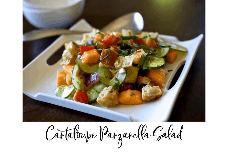 cantaloupe panzanella salad with cucumbers onion and basil