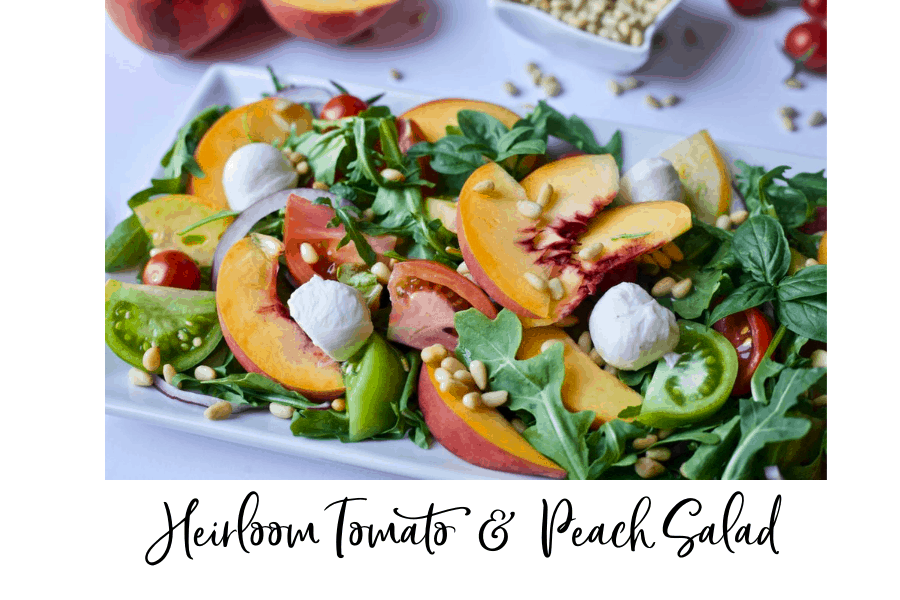 heirloom tomato and peach salad with mozzarella and arugula