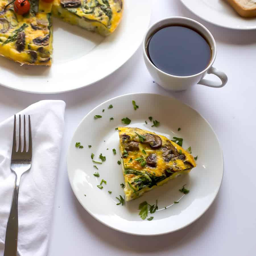 spinach and mushroom frittata with coffee