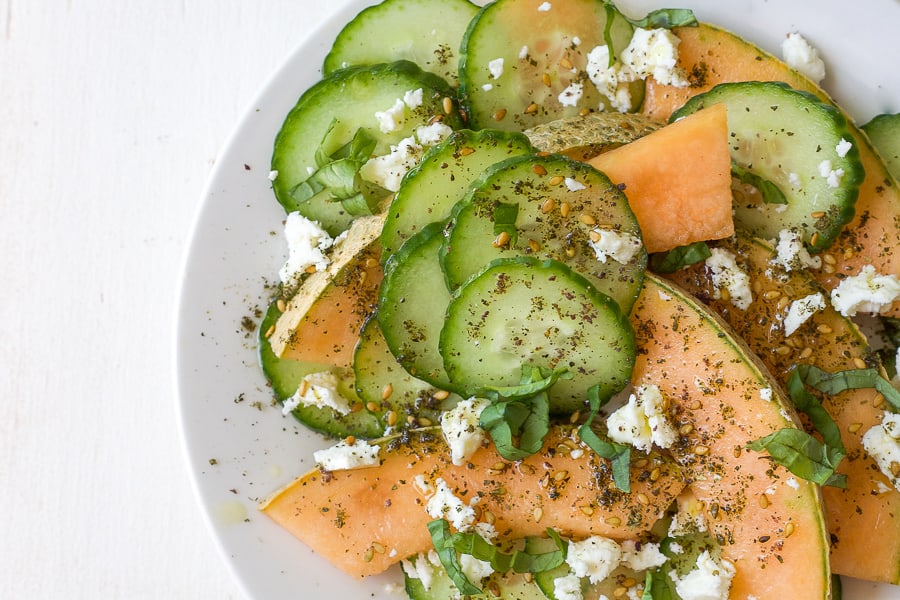 cucumber and cantaloupe salad with feta basil and za'atar