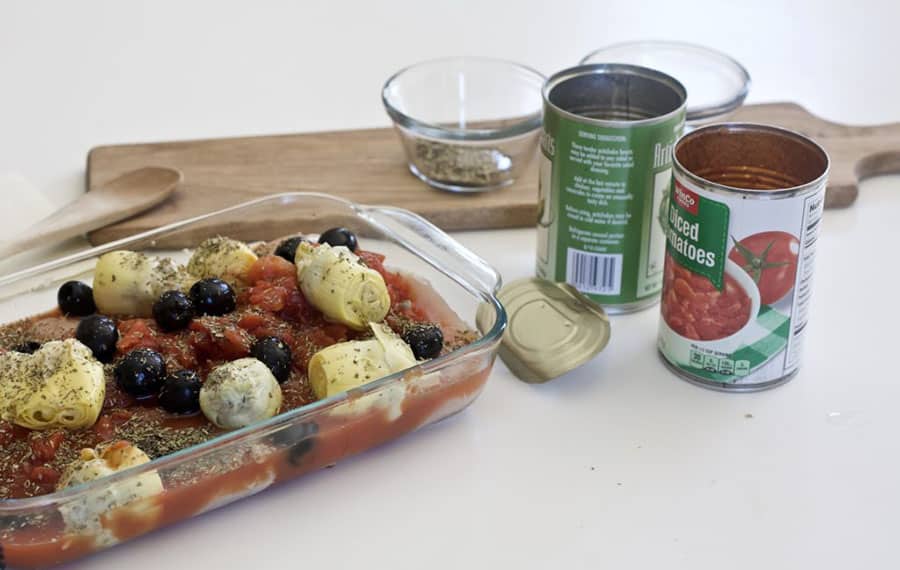 canned vegetables used to make Italian Chicken Bake recipe for mediterranean diet hack