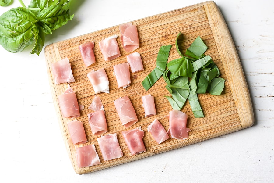 diced prosciutto and basil for simple summer snack