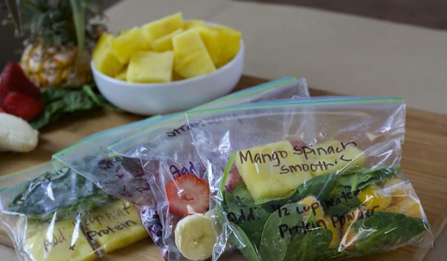 smoothie meal prep bags with spinach pineapple and banana for mediterranean diet hacks