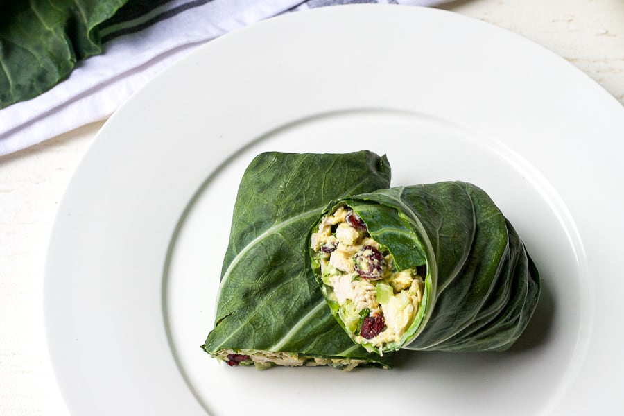 chicken salad stuffed collard green wraps