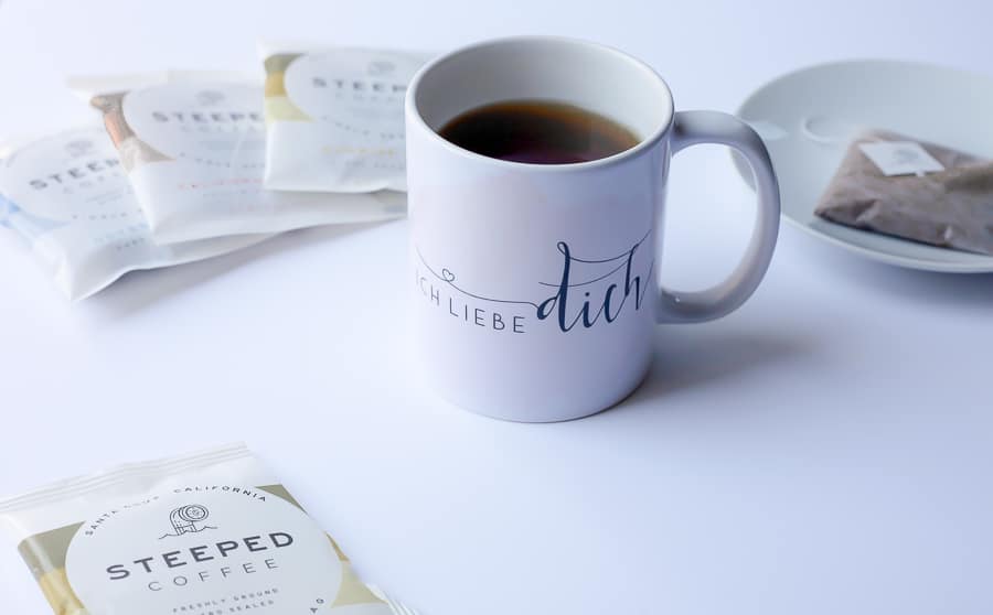 mug of coffee using steeped coffee single serve coffee bags