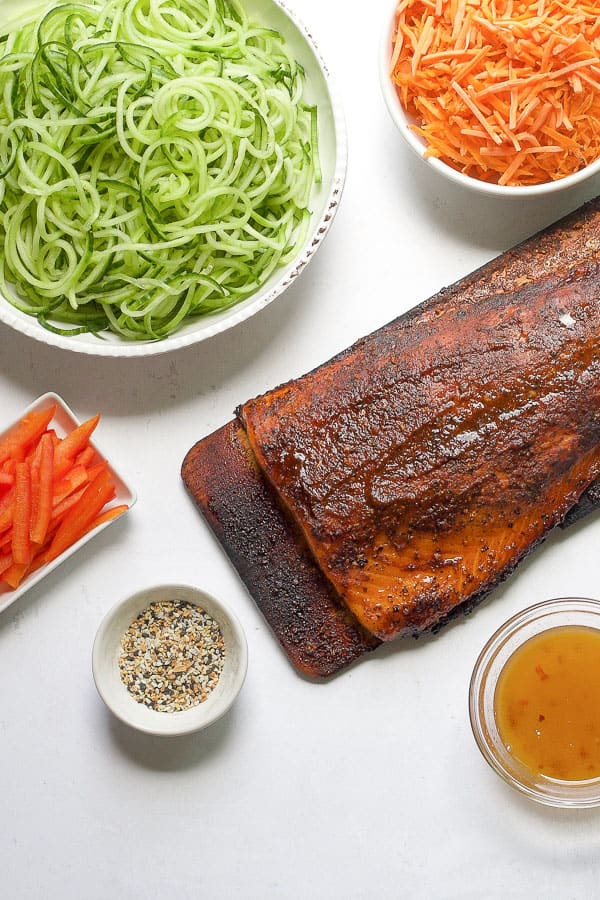 fresh ingredients for make your own cedar plank salmon bowl