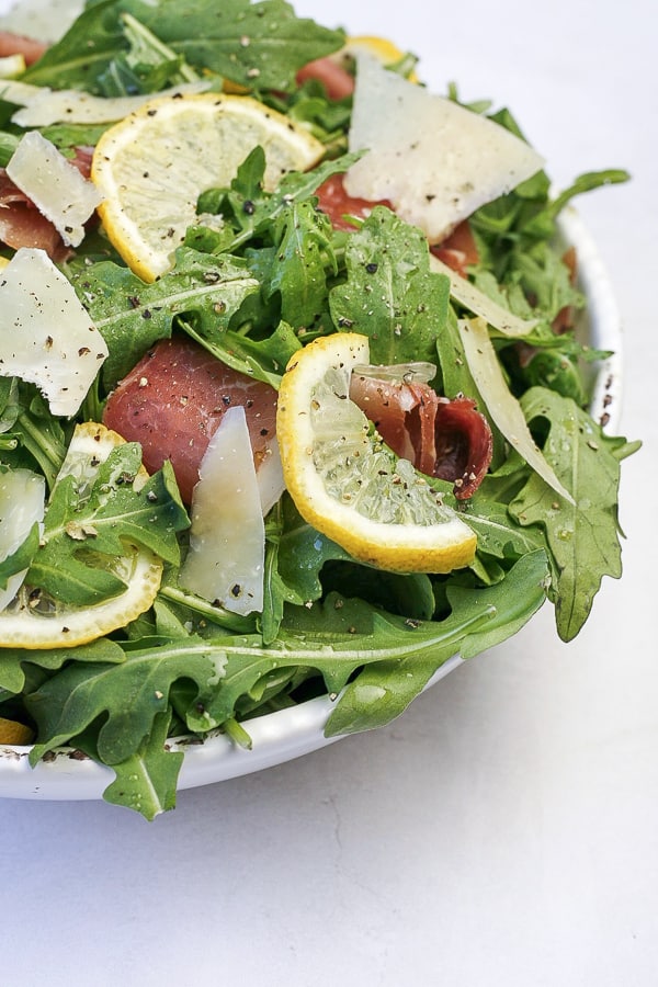 close up of tuscan arugula salad