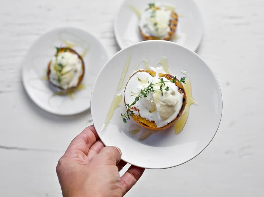 grilled peaches with ice cream honey and thyme