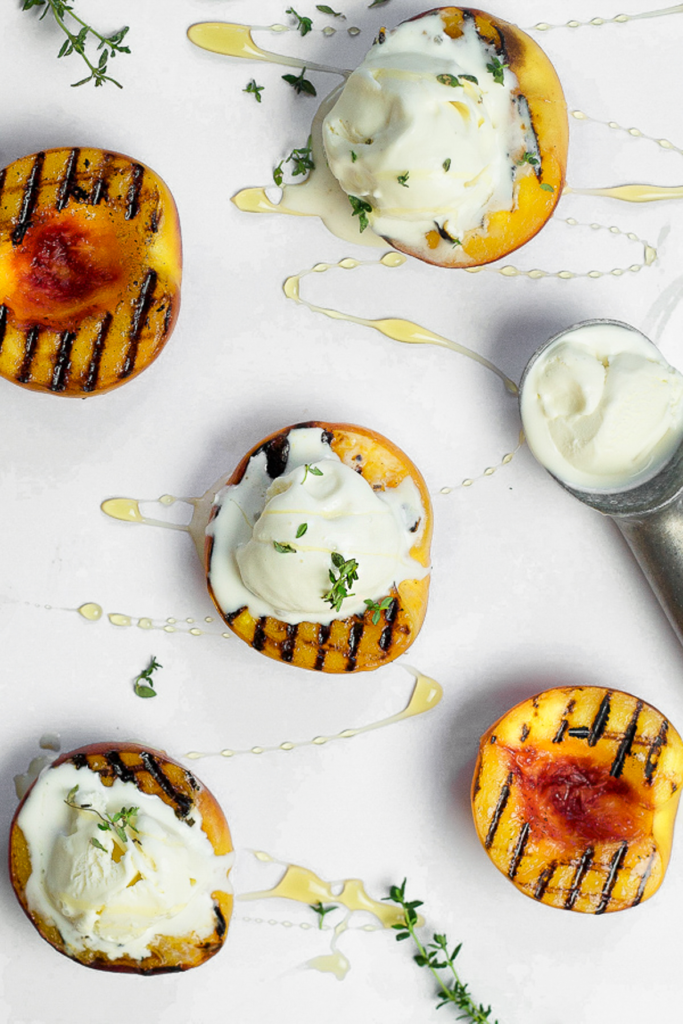 grilled peaches halved with ice cream