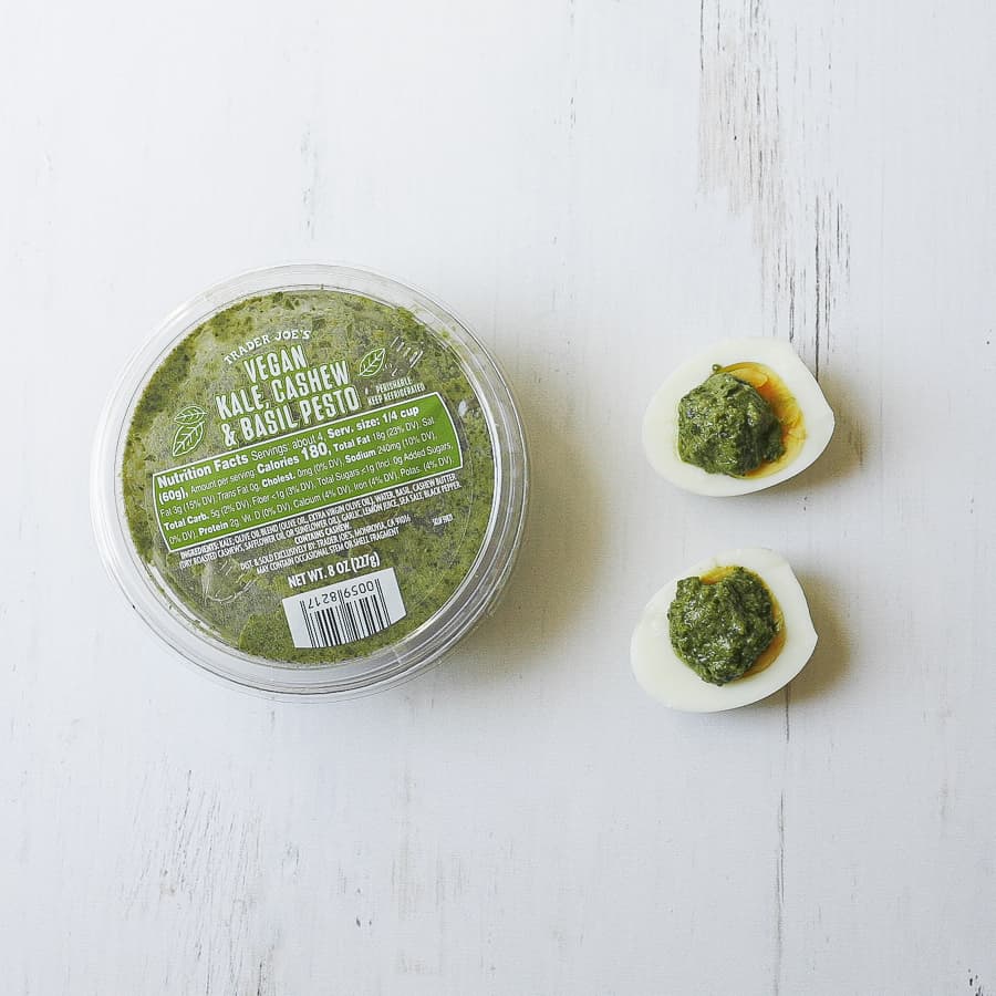 hardboiled egg snack with pesto from trader joes