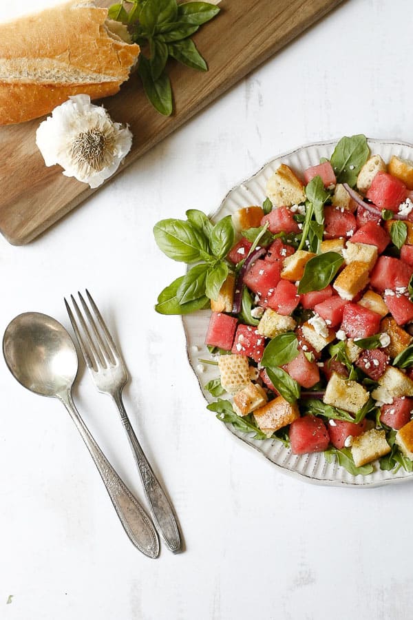 watermelon panzanella salad - mediterranean diet inspired salad recipe