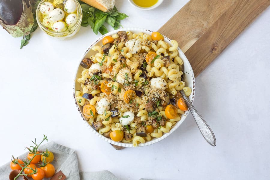 eggplant parm pasta for plant based meal