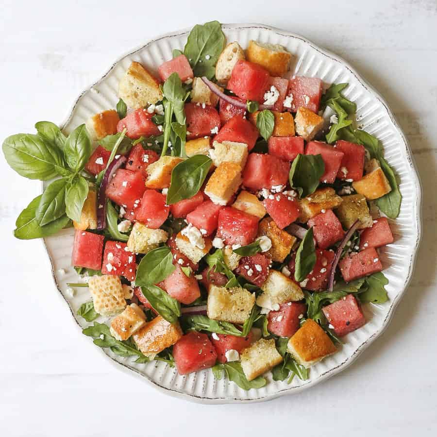 watermelon panzanella salad recipe - mediterranean summer salad