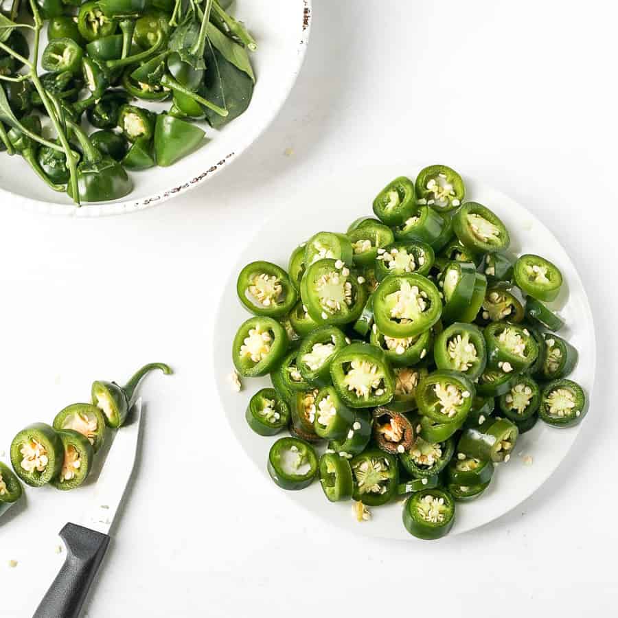 plate of sliced jalapeño peppers