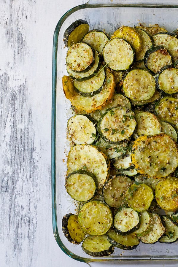 baking dish with herb roasted zucchini and squash