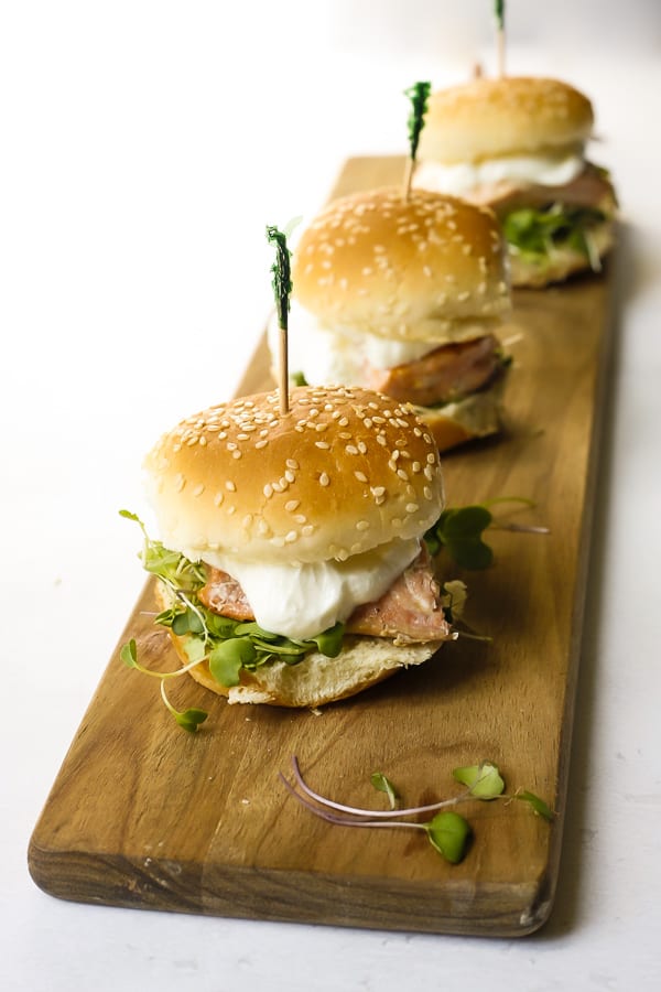 mini salmon sliders on board